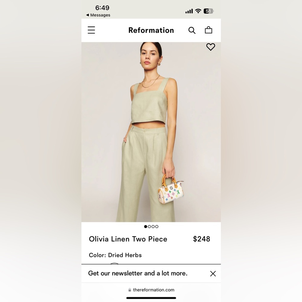 NWT Reformation Olivia 2 Piece Set